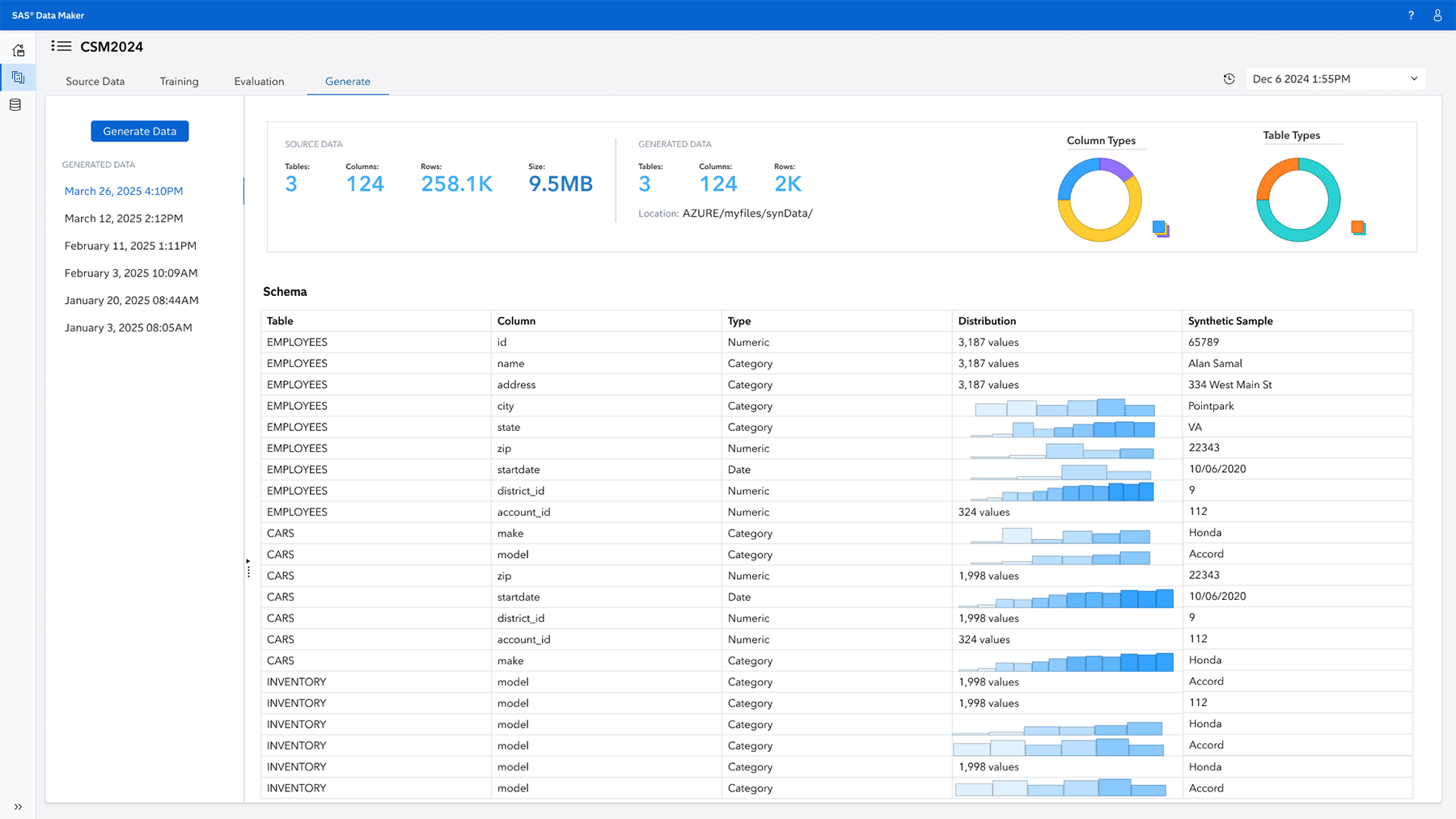 Screenshot of SAS Data Maker - Generated data summary