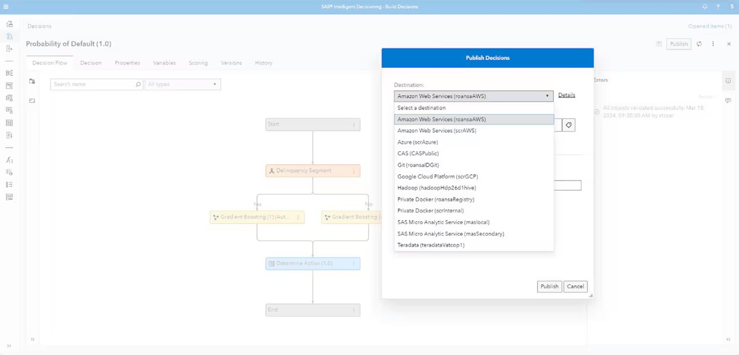 SAS Intelligent Decisioning deploying screenshot