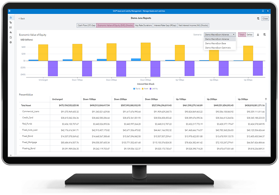 SAS Asset and Liability Management EVE report shown on desktop monitor