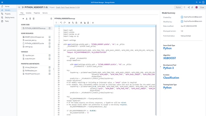 Python 레지스트리를 보여주고 있는 SAS Model Manager 스크린샷 