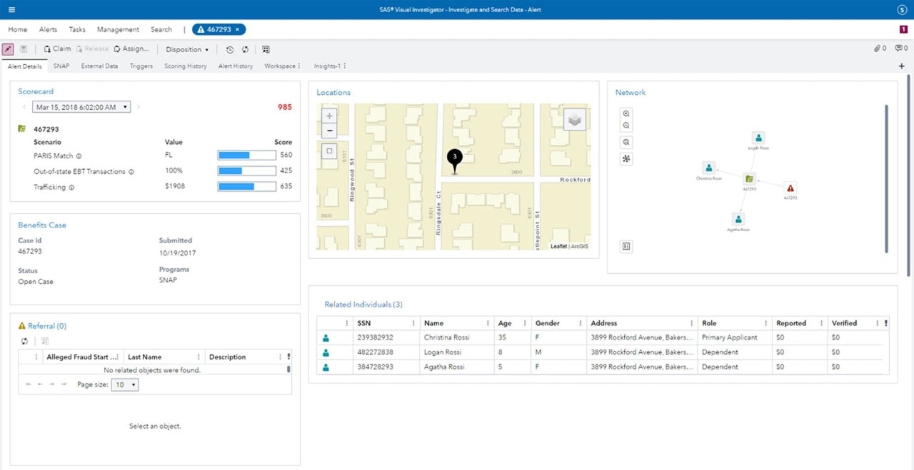 SAS Payment Integrity for Social Benefits screenshot showing alert detail