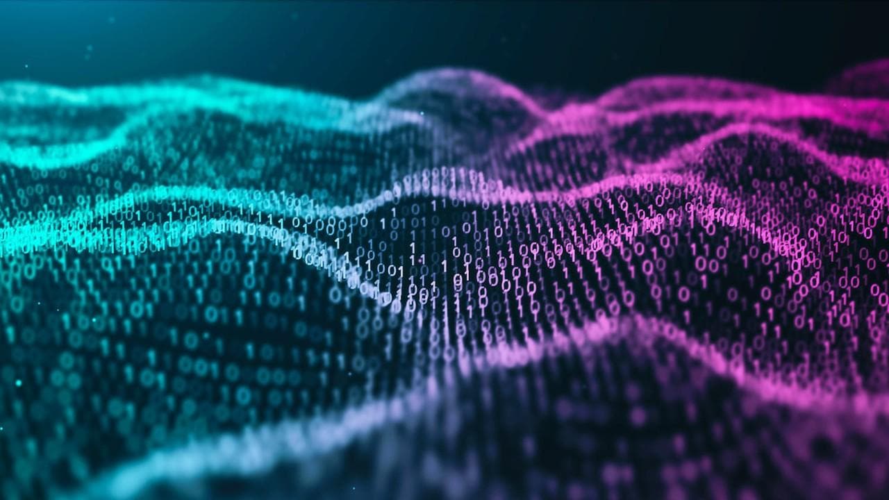 Binary code pattern on digital landscape wave