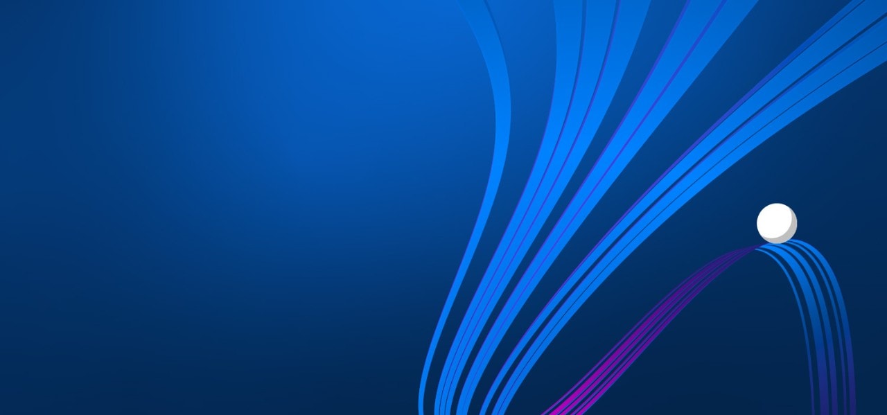 dark blue background with pink and blue ribbons and white ball